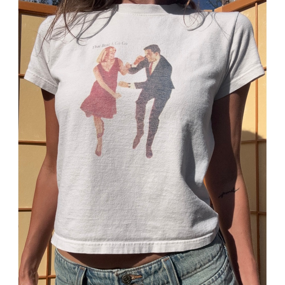 Brandy Melville John Galt Baby Tee Y2K White Graphic Thai Beat A Go Go
